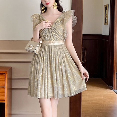 ドレス 衣装 カクテルドレス ミニ丈ドレス 袖なし Vネック フリル キラキラ フレアスカート シースルー バックファスナー ハイウエスト ステージドレス 発表会 かわいい 大人可愛い きれいめ