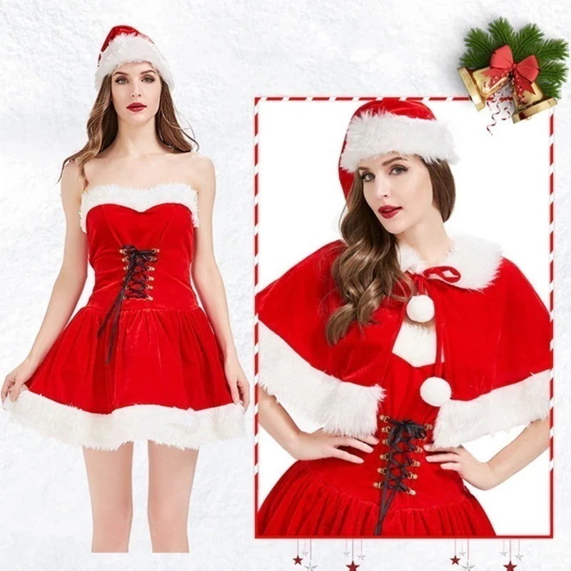 ハロウィンクリスマスパーティー制服欧米映画テレビセクシー気質女性サンタクロースクリスマスガールコスプレショー服ファッションファスナー個性かわいい仮装舞踏会お衣装を演じるポンポン短ワンピース