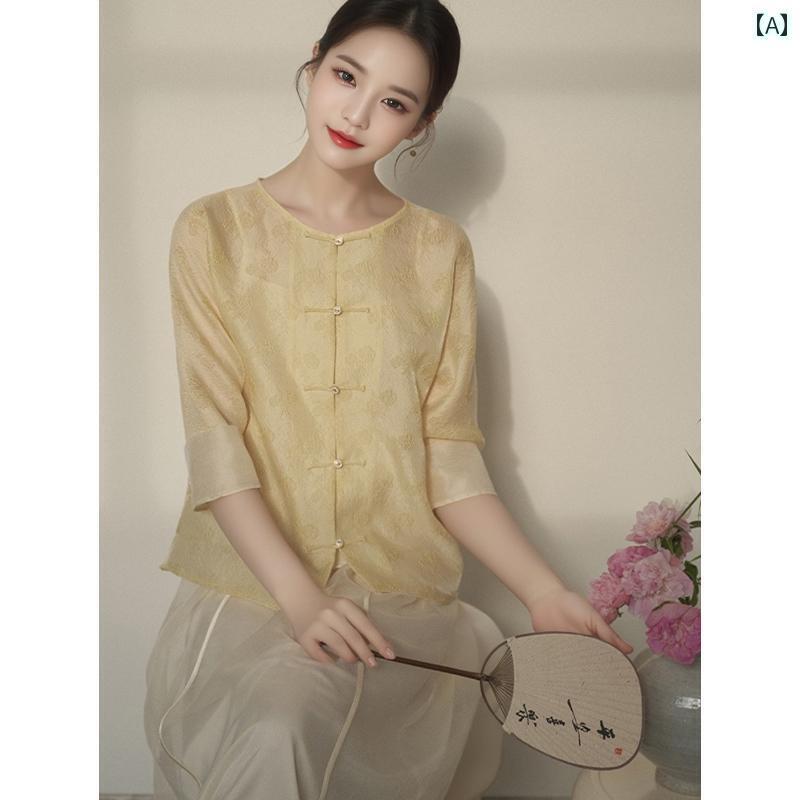 レディース 夏 ファッション レトロ 中華風 唐装 婦人服 ダブルブレスト ボタン ダウン シャツ 軽量 トップス