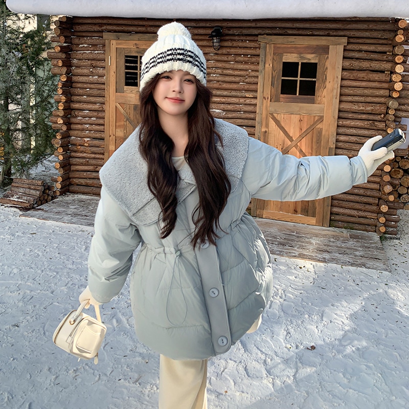 ラムウールスプライシングラーペルダウンジャケット2024新しい韓国スタイルウエストドローストリング痩身ホワイトダックダウンジャケット