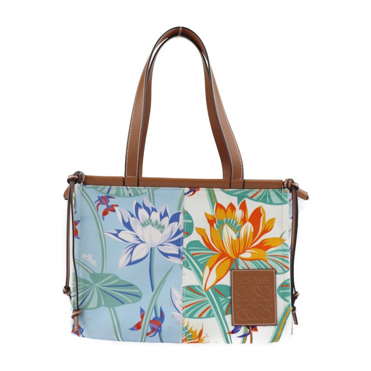 超美品 LOEWE ロエベ トートバッグ 328.09AA93 クッショントート スモール パウラズイビザ キャンバス カーフレザー マルチカラー ハンドバッグ ショルダーバッグ フラワー 花柄 本物