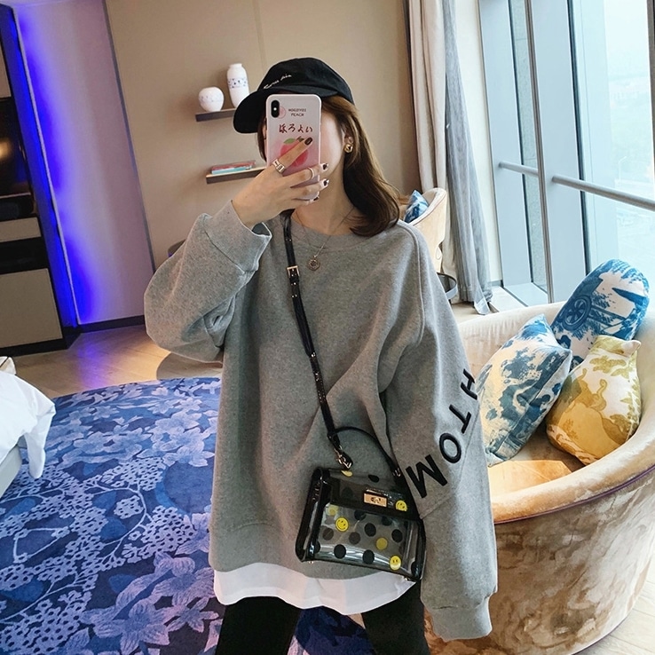 トレーナー プルオーバー トップス クルーネック ロゴ スリット ジップ フェイクレイヤード ドロップショルダー 長袖 大人可愛い こなれ感