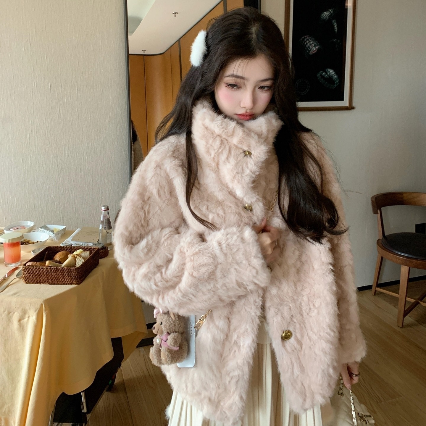 冬用ラムウール毛皮一体型ファーコート韓国風 ラペル付きエコファー女性用