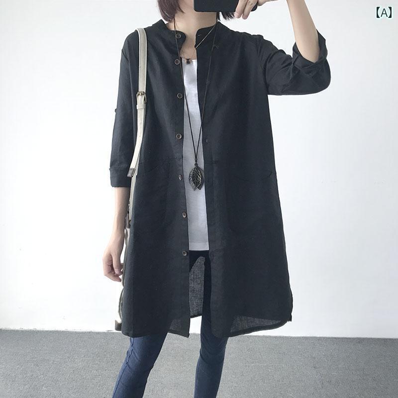 レディース　　シャツ　トップス ミドル 丈 コットンリネン シャツ レディース 2025 春秋 大きめ サイズ スリム リネンシャツ カーディガンジャケット