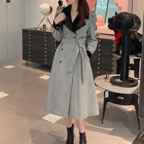 【急速出荷 2025年新作】アウター コート トレンチコート 韓国 チェック柄 千鳥格子柄 ビッグカラ ビッグ襟 春 秋 長袖 ロング ウエストリボン おしゃれ 可愛い オルチャン 秋アウター 春ア