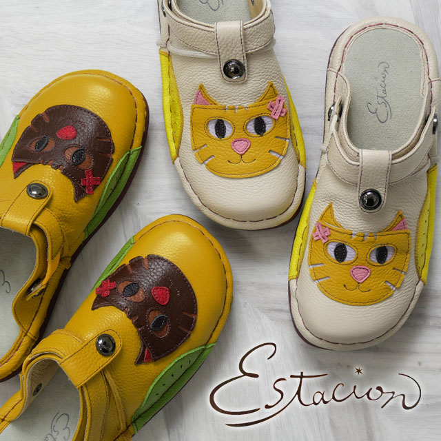 エスタシオン クロッグサンダル レディース 厚底 サボサンダル 2WAY カジュアルシューズ コンフォートシューズ 猫モチーフ ワイズ4E TGE563 アイボリー イエロ