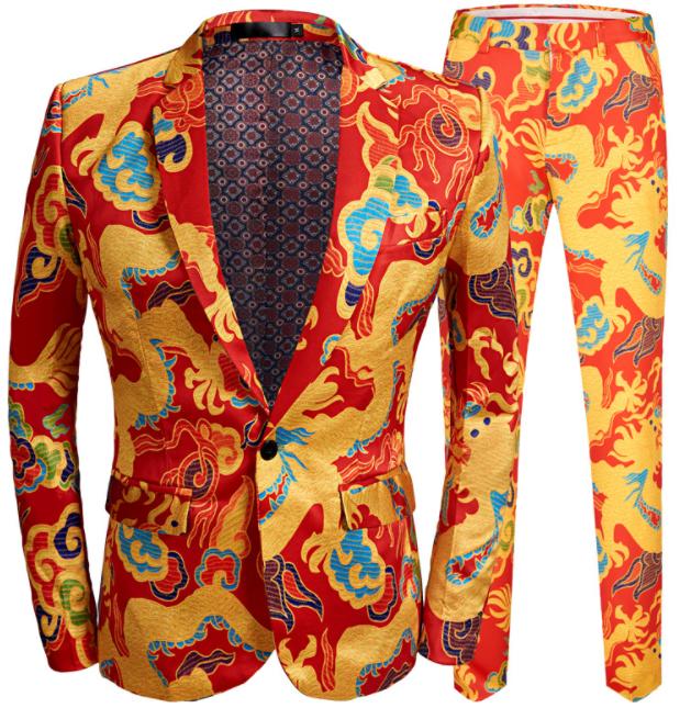 メンズパンツスーツ2点セットアップ 総柄 花柄 長袖ジャケット＋長ズボン 龍＆雲プリント エスニック アメカジ系 ステージ衣裳 パーティー 発表会 イベント 忘年会 新年会 舞台 ダンス 衣装 カジュ 6,934円