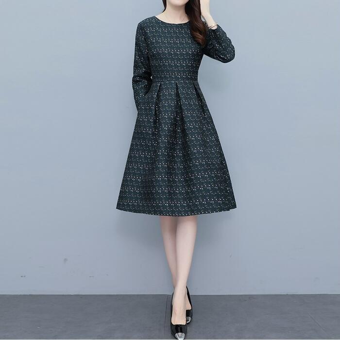 ワンピース ワンピ ドレス 袖あり レディース エレガント きれいめ カジュアル 大人 可愛い フェミニン 長袖 フレア ひざ丈 Aライン お呼ばれ オケージョン ハイウエスト グリーン 緑 レッド