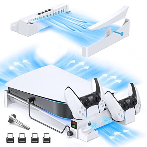 PS5本体横置き冷却スタンド OIVO PS5コントローラー充電器 PS5冷却ファン 3段階ファン速度調整 PS5横置きスタンド 転倒防止 地震対策 傷付き防止 放熱改善 LEDインジケーター 固定ネ