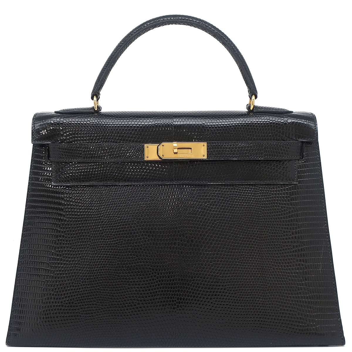 エルメス HERMES ハンドバッグ ケリー32 外縫い リザード ブラック ゴールド金具 黒　ストラップ欠品 Q刻印 【箱】【中古】