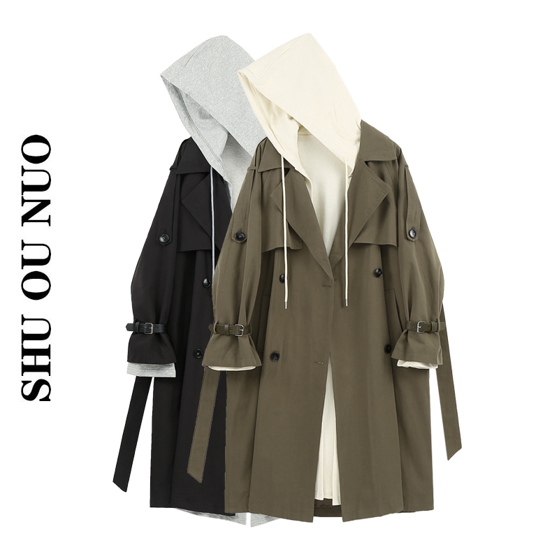 フード付きトレンチコート トレンチコート ミドル丈 カジュアルコート ツーピース ウインドブレーカー. ジャケット コート アウター a3363