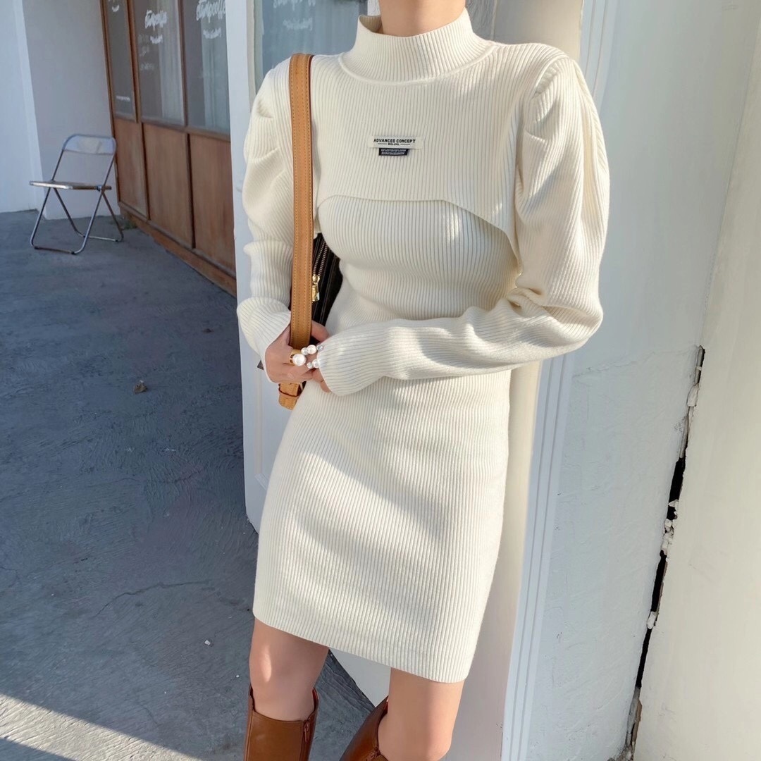 【セット】リブニットワンピース＋ショートセーター ワンピース セットアップ ニットアップ レディース 秋冬 ニットツーピース ドレス セクシー ４カラー. a3780
