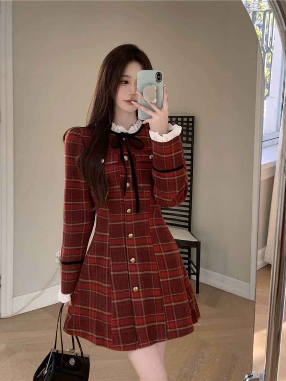 大きいサイズの婦人服フレンチレトロなチェック柄ワンピースに秋冬の太ったmmの痩せたハイウエストA字スカートをセットした