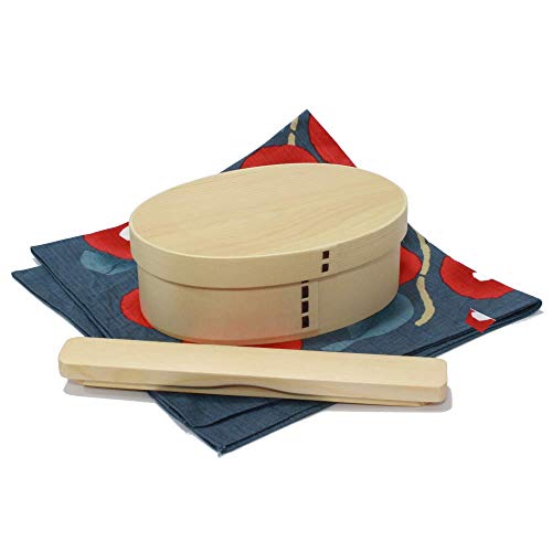 【天然杉】曲げわっぱ一段弁当箱 ウレタン塗装 700ml (弁当箱・木製箸・箸箱・京風呂敷セット) つばき アオネズVer.
