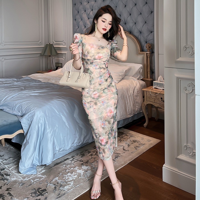 【JY.上品】 夏 柄ワンピース レトロ スクエア襟 ロング丈 ドレス パーティー 着痩せ 大人 お呼ばれ 同窓会 披露宴 卒業式 結婚式 ウェディング 二次会 成人式