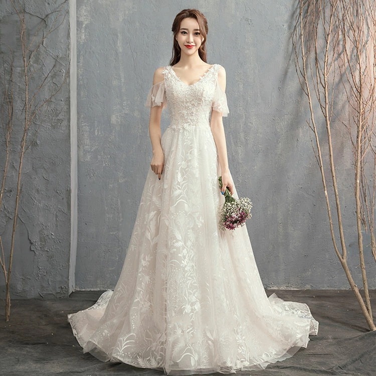 【目玉商品～超人気】ウェディングドレス オフショルダー 肩出し 花柄 可愛い ブライダルドレス ロングドレス Vネック トレーンドレス 花嫁ドレス ウェディング 海外挙式 白 結婚式ドレス Aライン