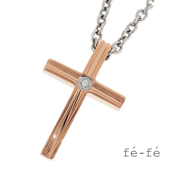 fe-fe ダイヤモンド ピンク クロス サージカルステンレス ネックレス 金属アレルギー