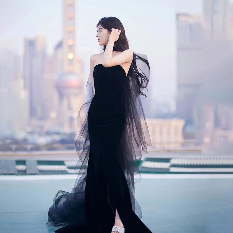 2025新作夏ブラック高級感 体型カバーフィッシュテールワンピース気質 着痩せ結婚式パ一ティ一