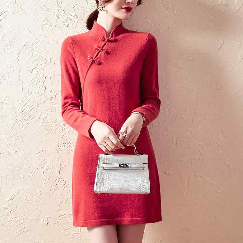 チャイナドレス レディース ワンピース ウール セーター レッド ブラック