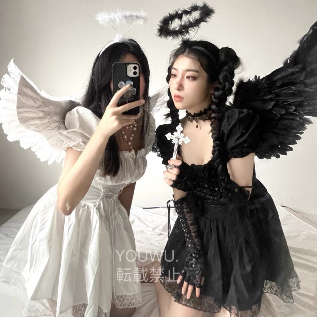 気！ハロウィンの白黒の天使コスプレ服セクシーな赤い本同じ服装の女性コスプレ女装制服（本日のお買い天使のカチューシャ＋仙女棒送り）