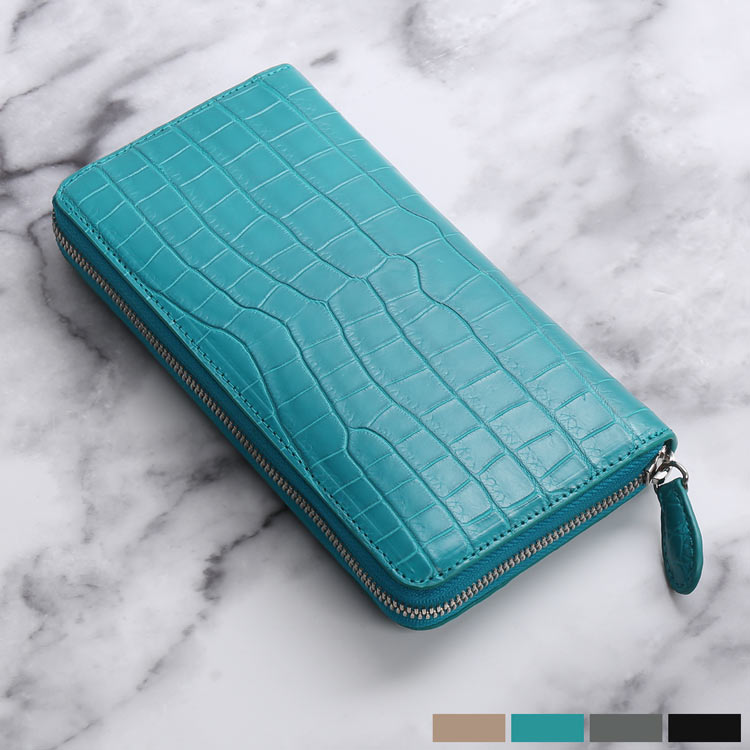 スモール クロコダイル メンズ 長財布 ラウンドファスナー マット加工 ポロサス クロコダイル財布 本革 鰐 ワニ プレゼント ギフト シルバーファスナー ブラック 黒 トープ ターコイズ ブルー グ