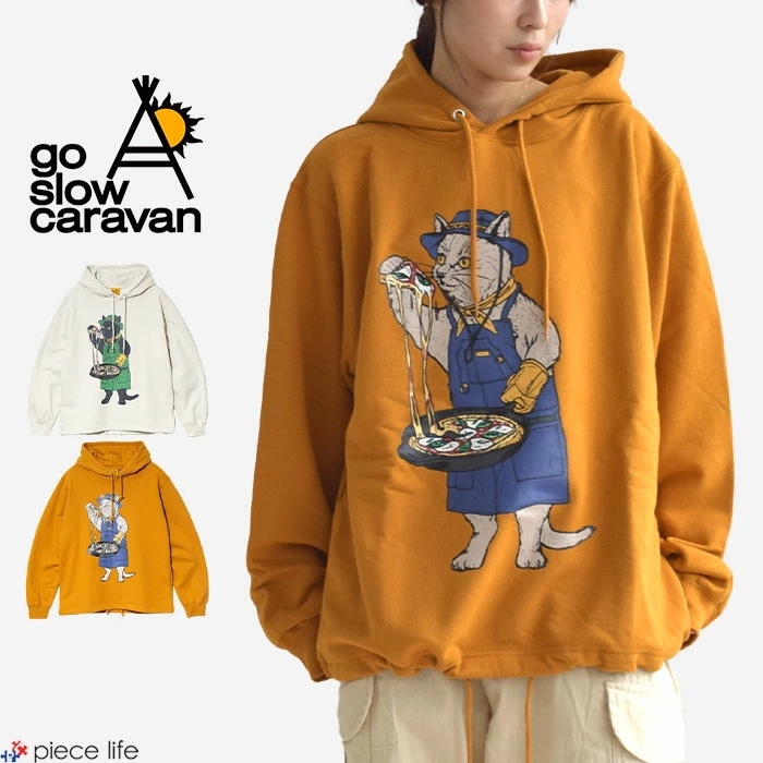 【P5倍/2025秋冬新作】ゴースローキャラバン パーカー メンズ レディース トップス プルオーバー 空紡糸裏毛 スキレットピザ猫 ヘムスピンドルフーディー 352607