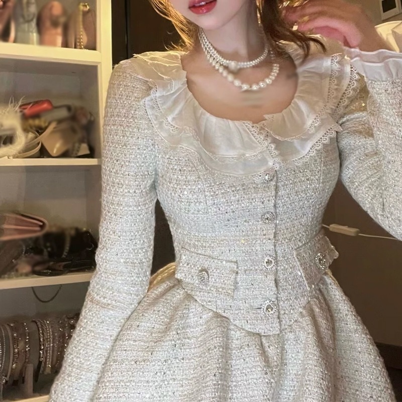 おしゃれなデザインの小さな香りのドレス秋冬レースゴールドスカート細かいグリッター甘い誕生日ドレス2023