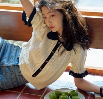 ブラウス ニットブラウス 襟付き パフスリーブ トップス シャツ ショート丈 半袖 スリム タイト 細身 ストレート スマート シフォン 前開き 編み込み サマーニット 薄手 かわいい 大人可愛い