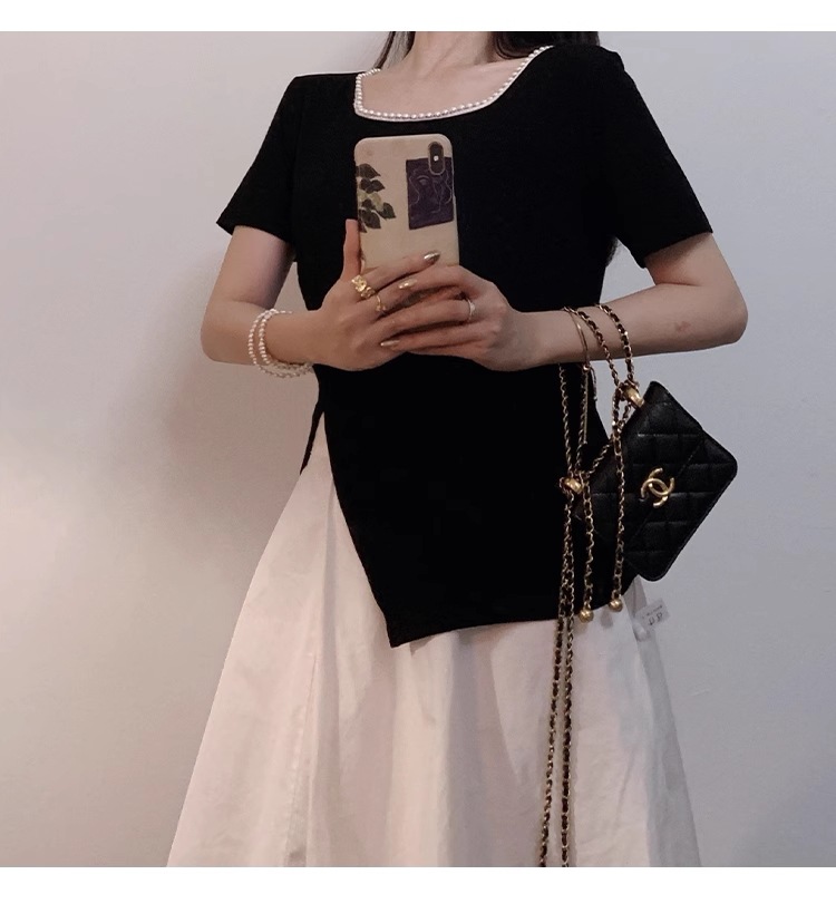 フレンチ レトロ スクエアカラー パール スリット Tシャツ シック ゆったり スーパー フェアリー 半袖 レディース 個性的 トップス シャツ 袖あり 半袖 スクエアネック 襟なし シンプル