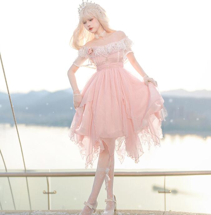 ボートネック ロリータワンピース ピンク お姫系 可愛い 膝丈ワンピース イーレギュラー裾 プリンセス風 コスプレ ワンピース ハロウィン 仮装 発表会