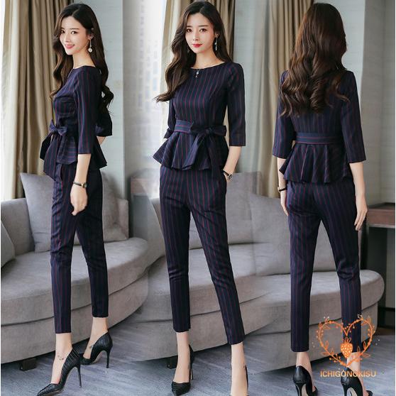【WJ Fashion】セットアップ スーツパンツ レディース パンツドレス 結婚式 2点セット 春 ブラウス 七分袖 ストライプ 着痩せ 体型カバー パンツ 30代 40代 入学式 入園式
