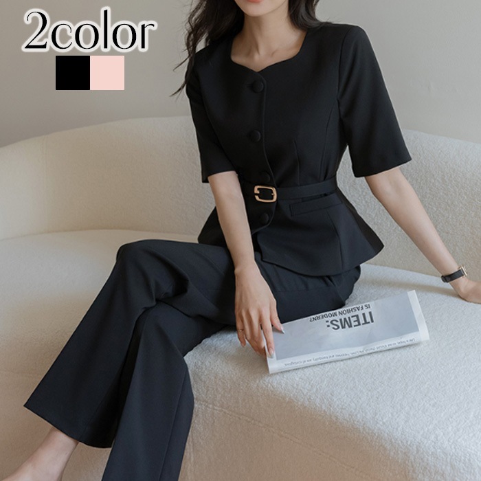 セットアップ レディース 春 ベルトセット 夏 半袖 結婚式 上品