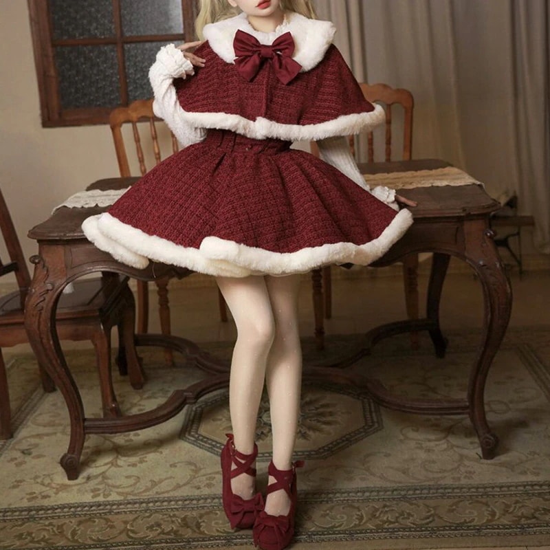 フレンチスタイルのプリンセス風クリスマスセット（女性用秋冬用ケープショールベースレイヤーウエストを絞ったサスペンダードレスを含む 3 点セット）