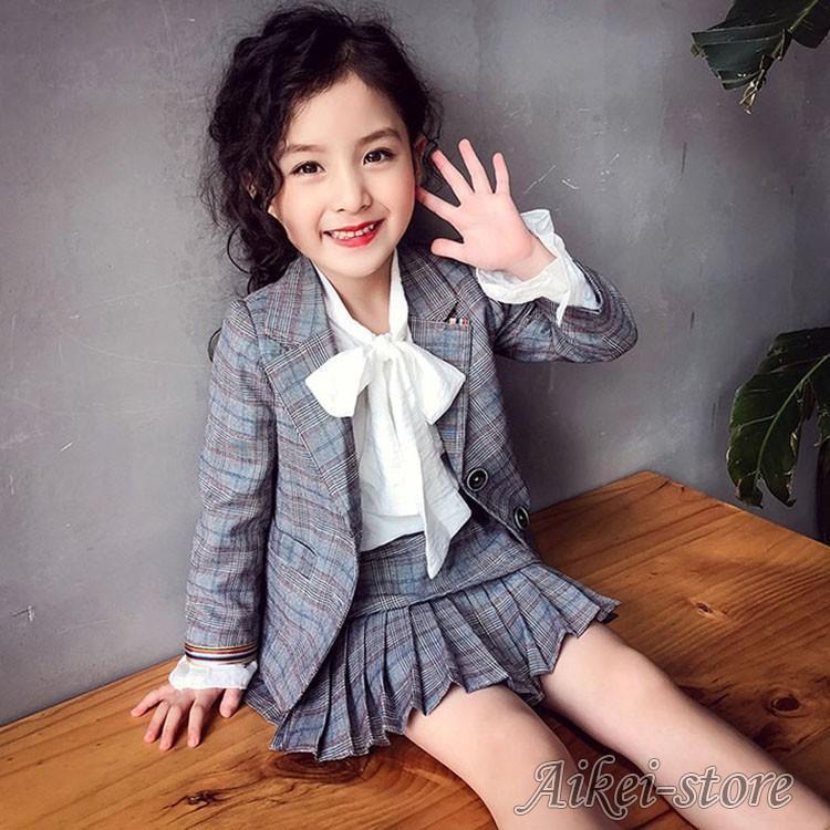 子供服 セットアップ 女の子 スーツ 3点セット フォーマル チェック柄 キッズ 長袖 コート スカート 白いシャツ 入学式 卒園式 卒業式 発表会 上下セット