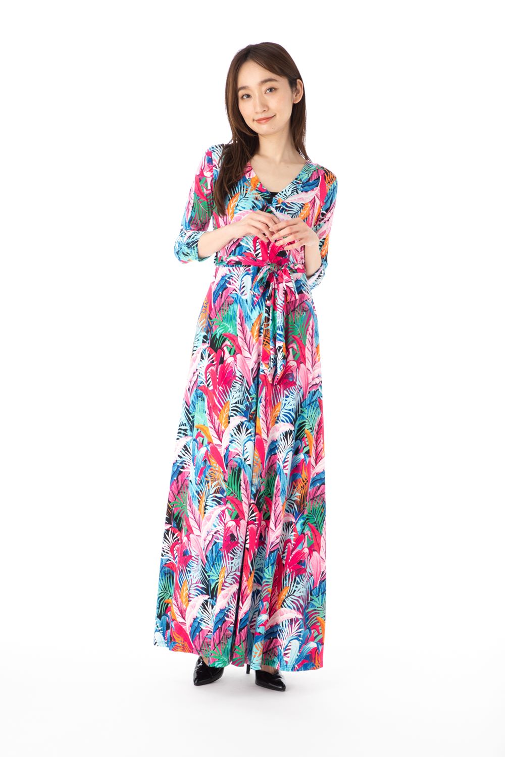 ジャネットファッション(JANETTE FASHION) ワンピース S M L XLサイズ カシュクール 7分袖 ロング丈 ジャージー リーフ柄 レディース 大人 きれいめ