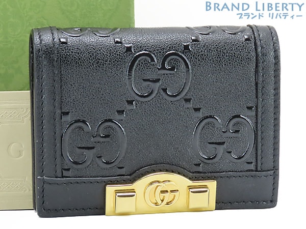 レア新品同様グッチGGエンボスレザーカードケースウォレット二つ折り財布コンパクト財布ブラックレザー676150