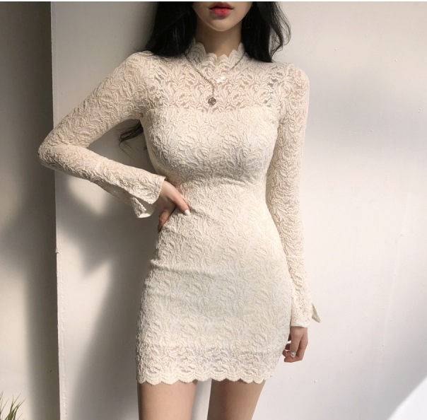 セクシー SEXY レース ボディコンシャス ボディコンシャス ワンピース パーティードレス ミニドレス ミニ丈 袖あり 長袖 フレアスリーブ ハイネック タイト スリム 透け感 伸縮性 大人可愛い