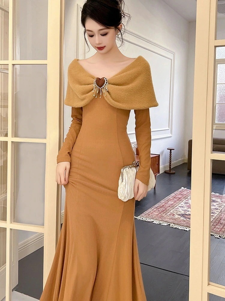 卒業式 大人 二次会 マーメイド ドレス ウェディング 同窓会 演奏会 披露宴 着痩せ 結婚式 パーティー 秋冬 キャバ マントワンピース