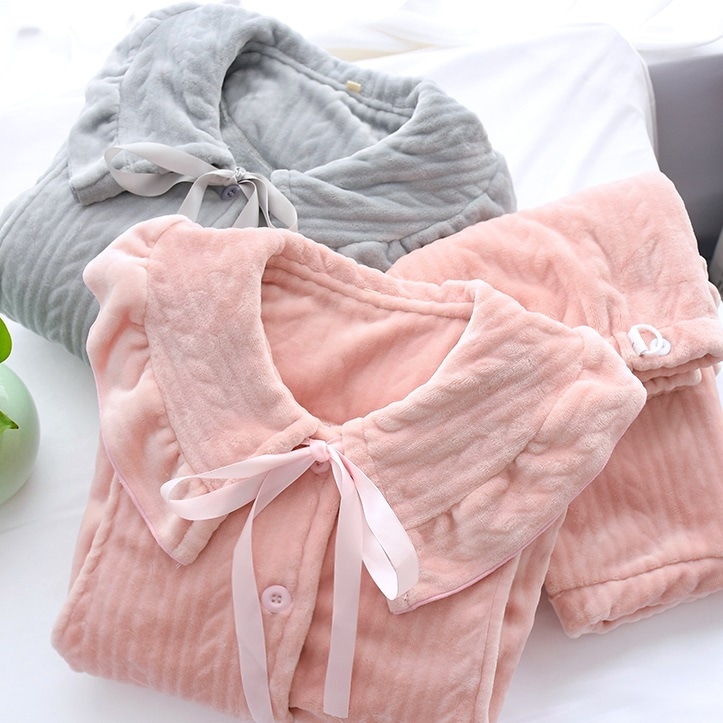 【送料無料】マタニティ パジャマ セットアップ 授乳口付き ふわふわ あったか リボン 襟付き