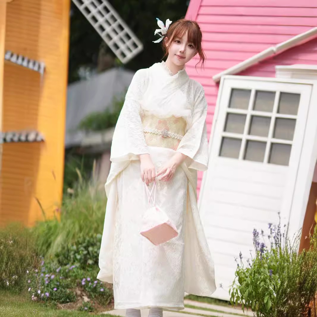 和レース着物女性用白改良大きなファー袖卒業ドレスフォーマル着物と甘いステージ衣装