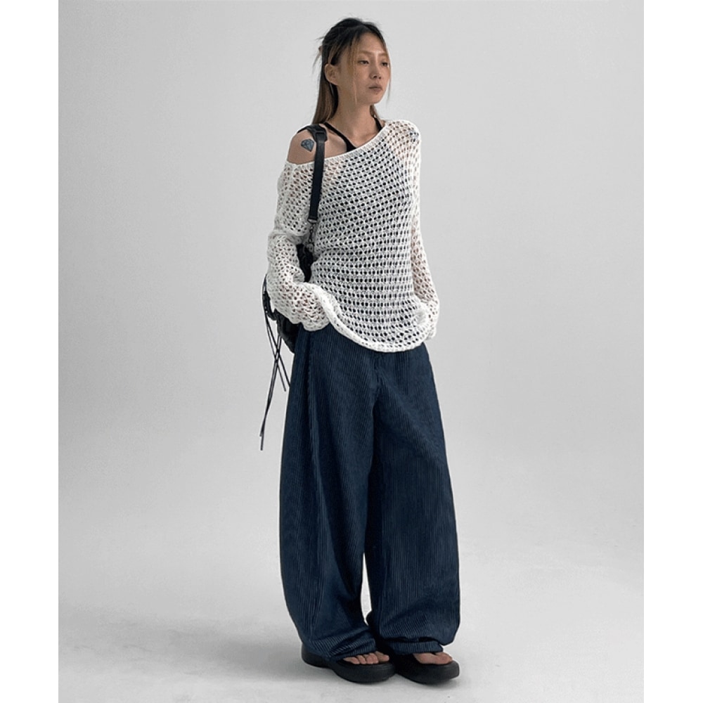 ブラックアップ カムソンストライプ ワイドバルーン デニムパンツ