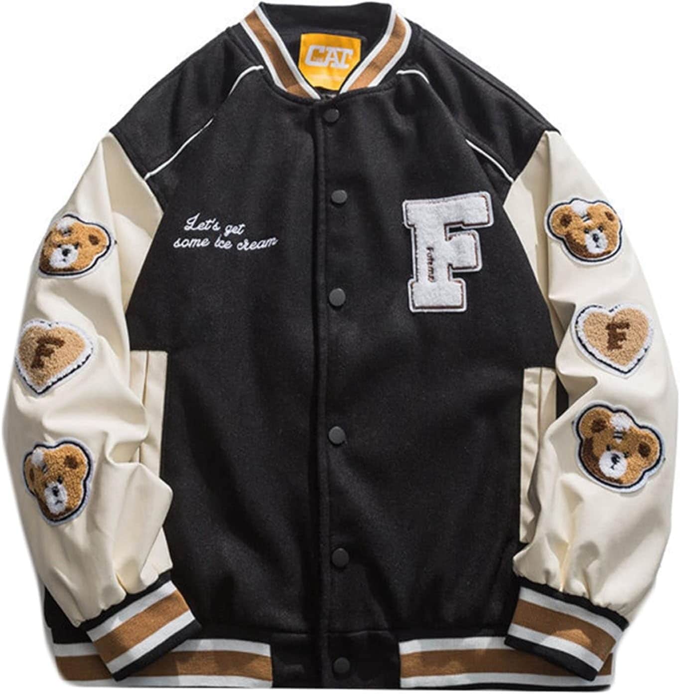 スタジアムジャンパー ジャケット メンズ 春秋 立ち襟 防風 スタジャン PU革袖 パッチワーク バイカラー クマちゃん 可愛い 男女兼用 カジュアル ジャンパー おおきいサイズ お洒落 アメカジ ス