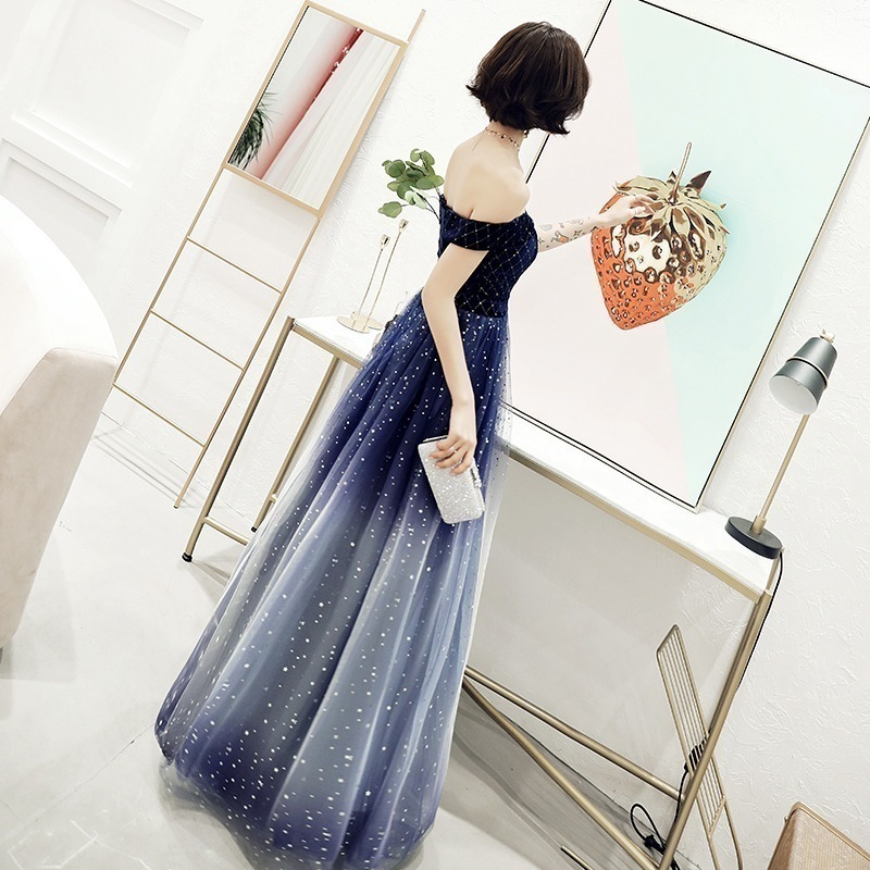 ドレスレディースバンケット5新しいロングワンショルダースリムドレスセレブ年次パーティーイブニングドレス星空スカート