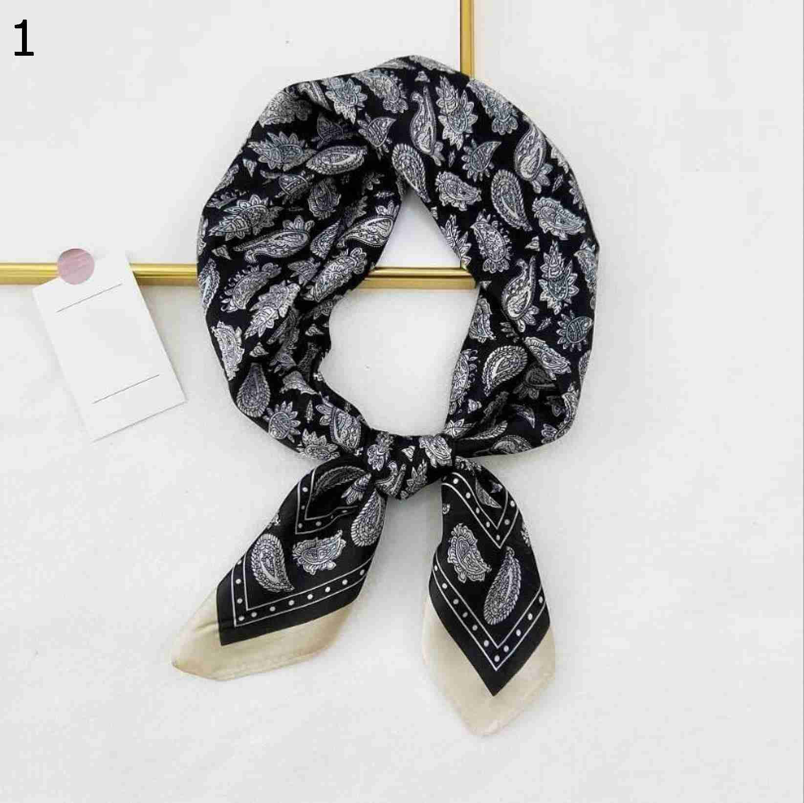 【20%OFFクーポン～】女性多機能ポリエステル スカーフ70 × 70 cm 小さな正方形ラップ ヘッド スカーフ カシュー プリント カジュアル サテン ヒジャーブ (Color Black