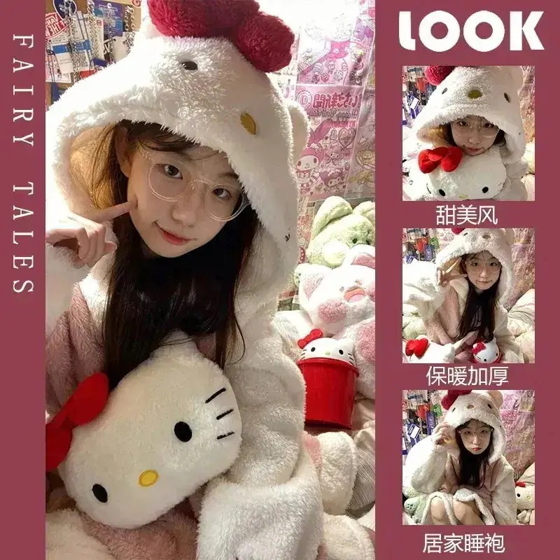 【2個買うと1個無料】ハローキティ サンリオ もこもこ ルームウェア パジャマ レディース 厚い モコモコ ガウン ワンピースパジャマ 部屋着 着ぐるみ 冬かわいい ペアルック カップル キッズ メン