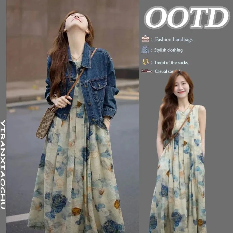復古花柄ワンピース＋デニムアウターセットアップ涼しい着痩せ百掛け快適春夏服通勤入学結婚式トップス設計感韓国リゾートスカートゆったり大きいサイズガールフレンドプレゼンデニム