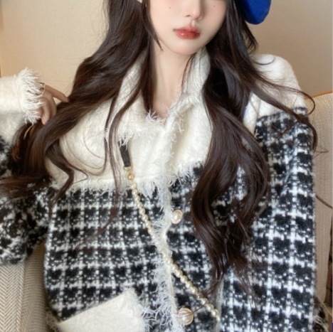 パール風 ボタン ツイード風 ジャケット コート ホワイト 白 ブラック 黒 チェック モノクロ