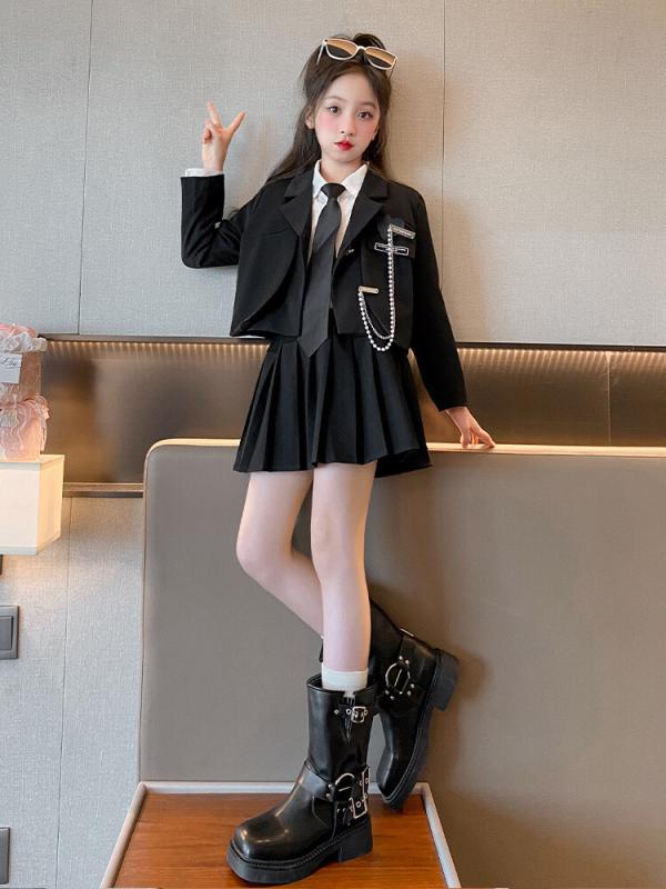 最安値挑戦 女児 秋冬 制服 スカートセット 韓流 学院 小西装 3点セット 長袖 コットン混紡 柔らかい素材 単色 シングルボタン 黒 グレー チェーンアクセサリー チェーン ネクタイ ブラウス ト