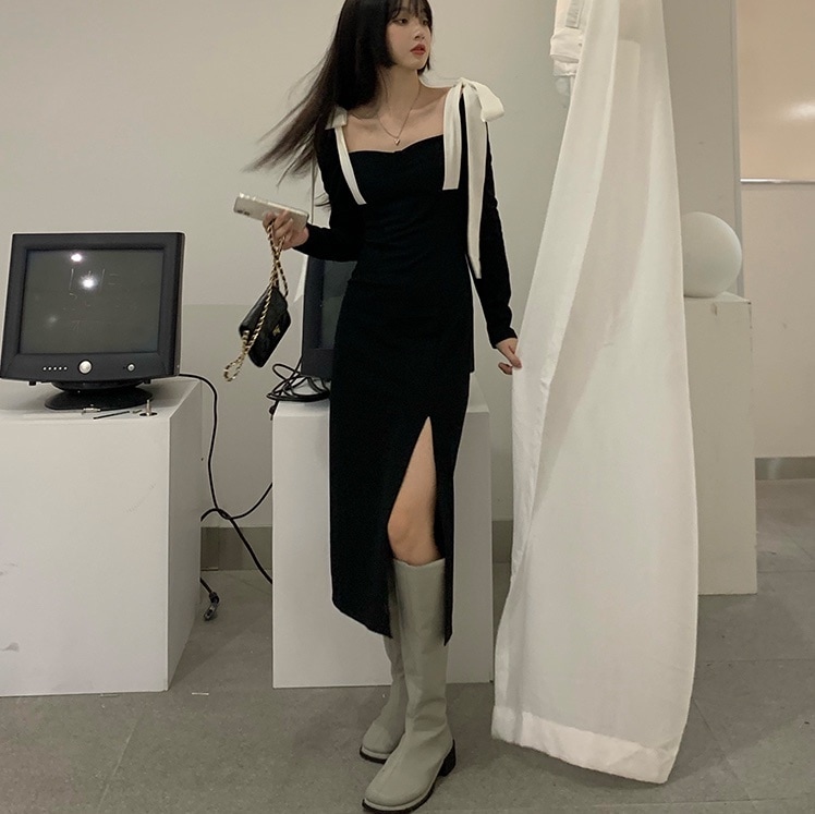 ワンピース ミモレ ミモレ丈 ロング ロング丈 袖あり 長袖 スクエアネック リボン スリット サイドスリット 大人可愛い カジュアル おしゃれ お洒落 かっこいい 大人女子 こなれ感 ラブリー 4,987円