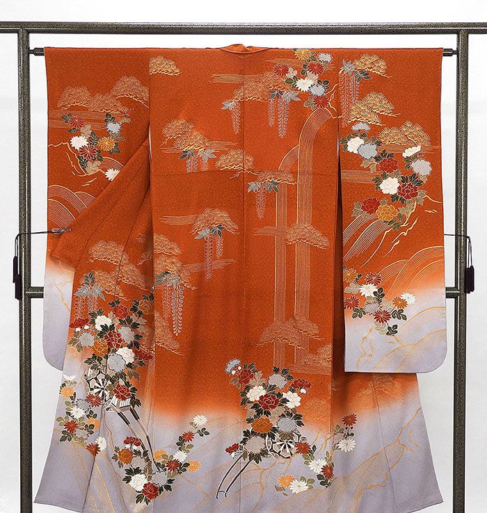 振袖 正絹 花車模様 身丈155cm 裄丈62.5cm 振袖 中古 着物 成人式 結婚式 e4042